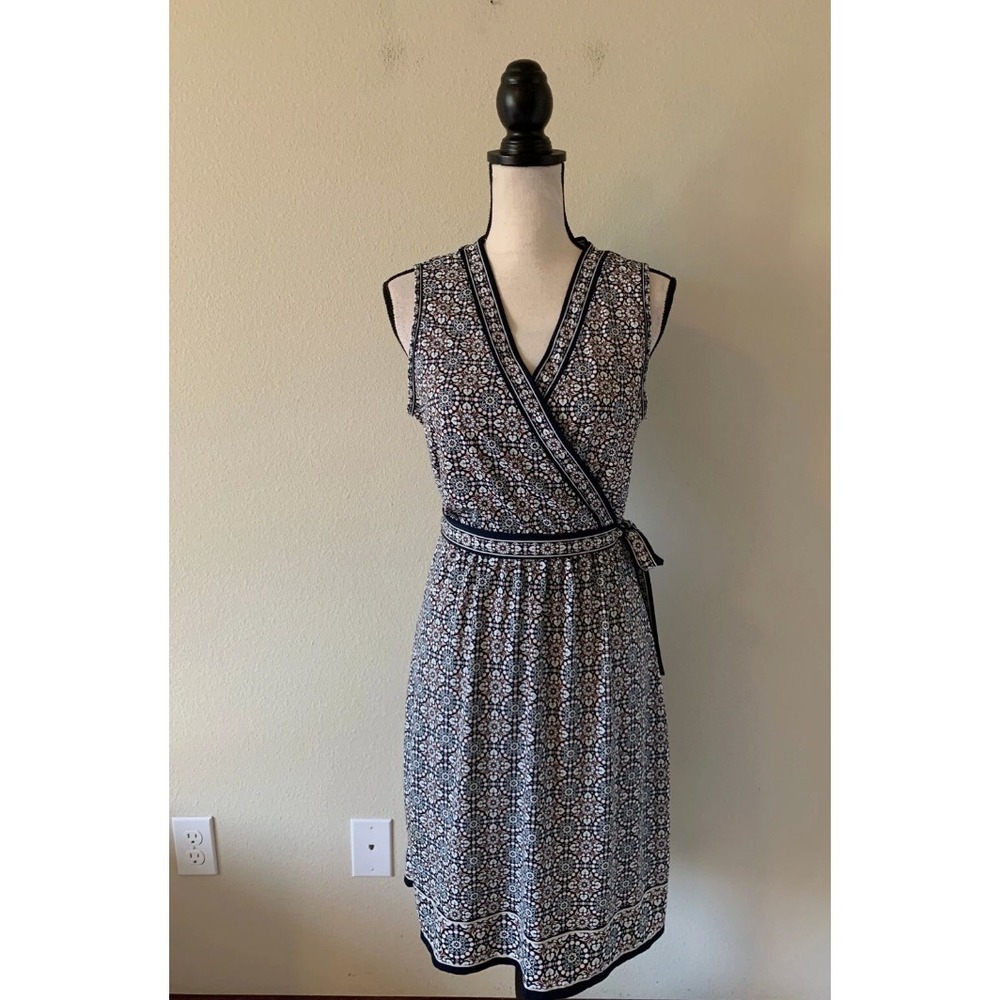 Max Studio Faux Wrap Sleeveless Medallion Print Dress L Navy Blue White‎ 7904W52